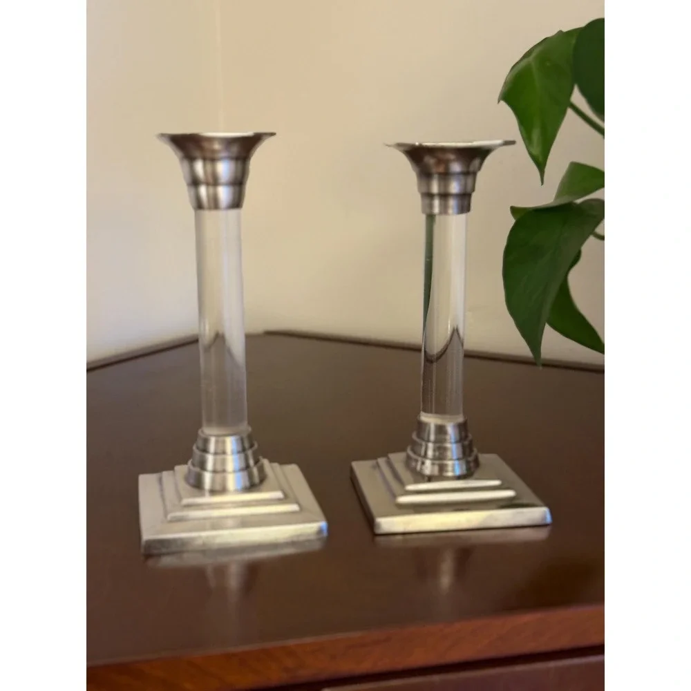 Vintage Lucite Candlesticks Silverplate Taper Holders | Mid Century Modern Decor